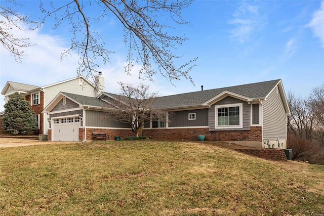 ranch-style house with brick siding, a chimney, and a front lawn