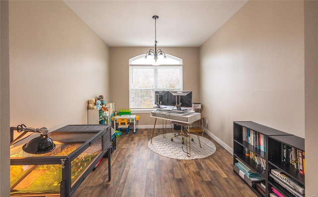 home office with dark wood finished floors and baseboards