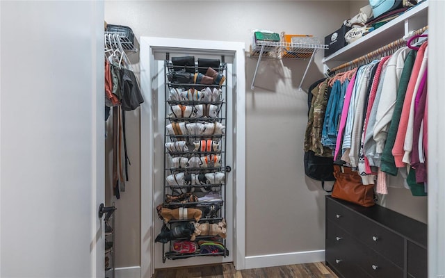 walk in closet featuring dark wood-style floors