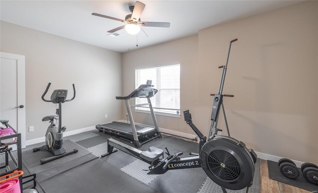 workout area with ceiling fan, visible vents, and baseboards