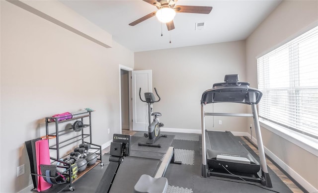 workout room featuring visible vents, ceiling fan, and baseboards