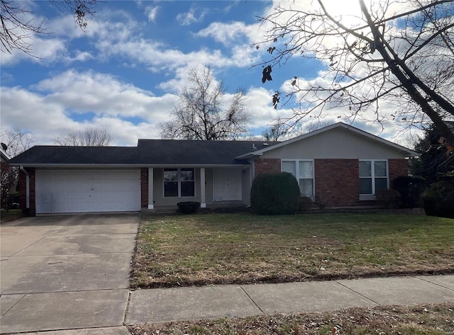 single story home featuring a garage and a front yard