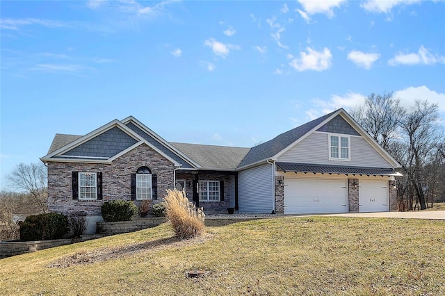 view of front of home featuring an attached garage, brick siding, a shingled roof, concrete driveway, and a front lawn