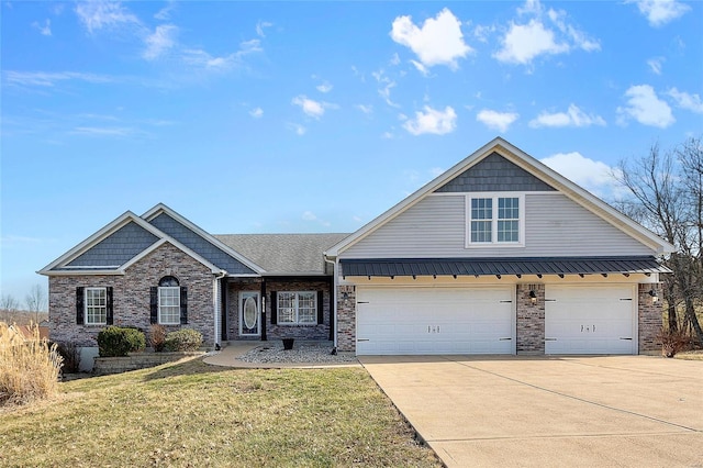 view of front of home featuring an attached garage, brick siding, concrete driveway, and a front yard