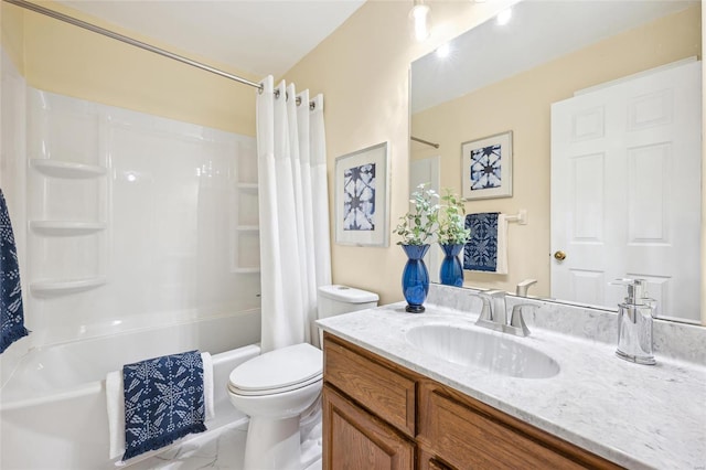 bathroom featuring toilet, vanity, and shower / bathtub combination with curtain