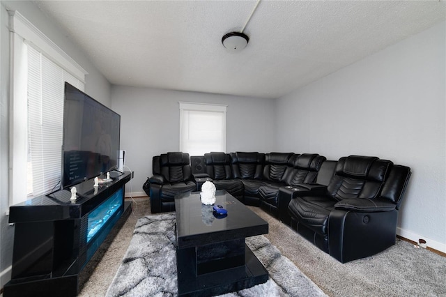 carpeted living area featuring baseboards and a textured ceiling