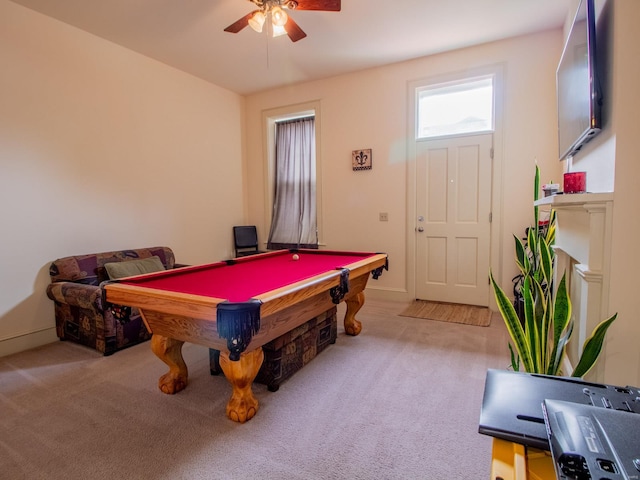 game room featuring light carpet, billiards, and ceiling fan