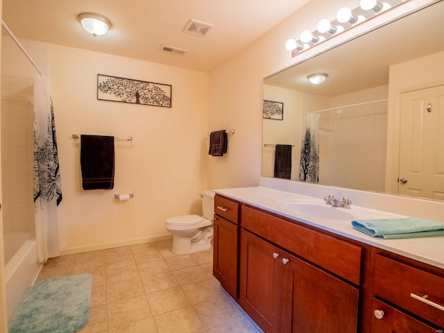 full bath featuring visible vents, baseboards, toilet, tile patterned flooring, and vanity