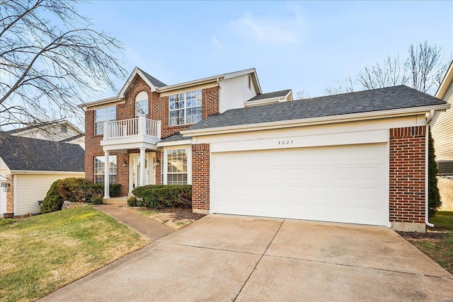 view of front of property featuring driveway, brick siding, a balcony, an attached garage, and a front yard