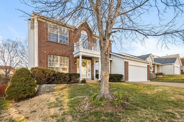 view of front of house with brick siding, concrete driveway, an attached garage, a front yard, and a balcony