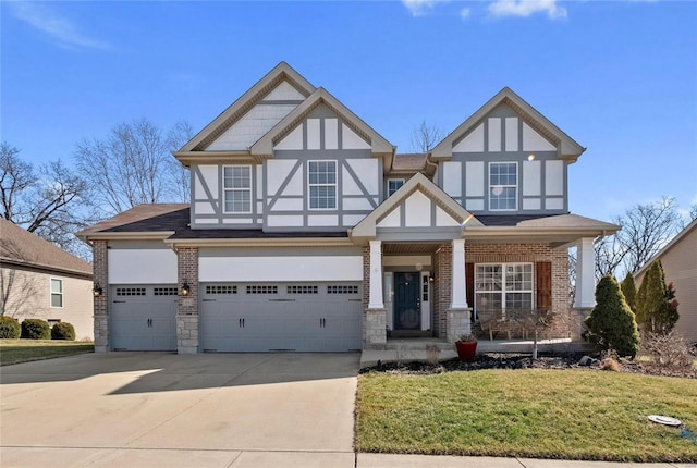 view of front of property with stucco siding, brick siding, covered porch, and concrete driveway