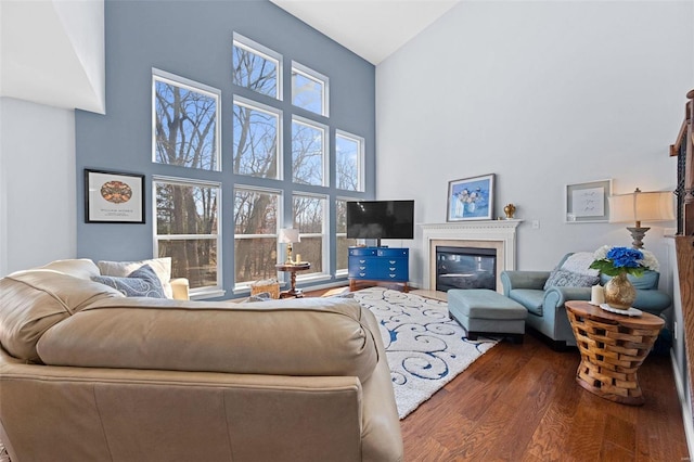 living area with high vaulted ceiling, a glass covered fireplace, and wood finished floors