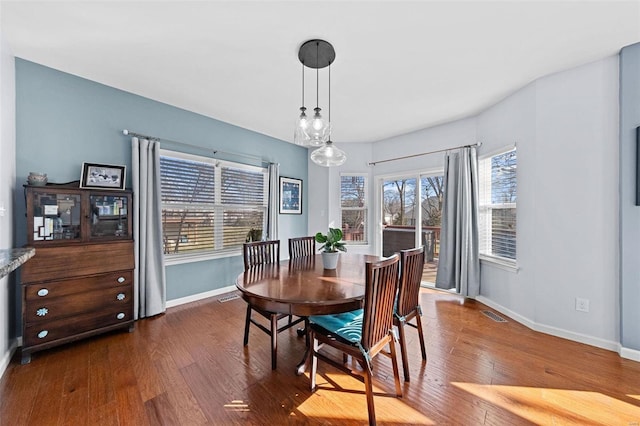 dining room with dark wood-style flooring, visible vents, and baseboards