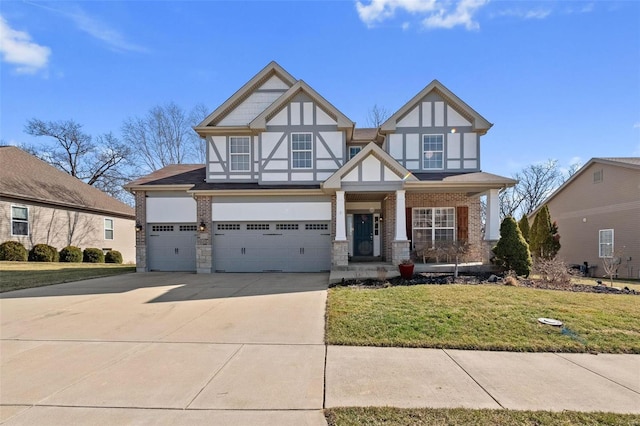 view of front facade featuring an attached garage, covered porch, concrete driveway, stucco siding, and a front yard