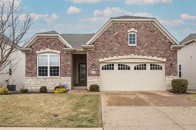 view of front of house with stone siding, roof with shingles, an attached garage, and concrete driveway