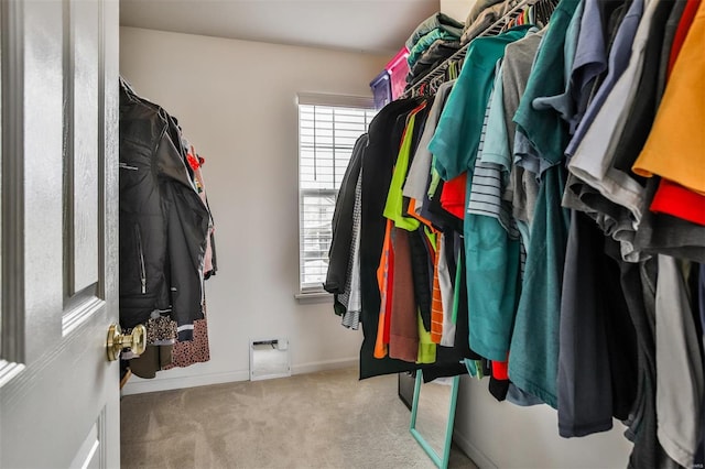 spacious closet featuring light colored carpet