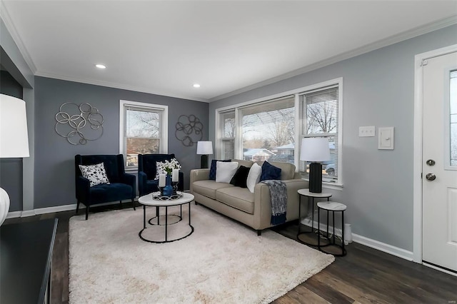 living room with ornamental molding and dark hardwood / wood-style floors