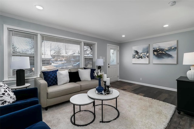 living room with ornamental molding and dark hardwood / wood-style floors