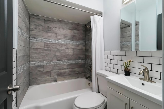 full bathroom featuring tasteful backsplash, vanity, toilet, and shower / tub combo