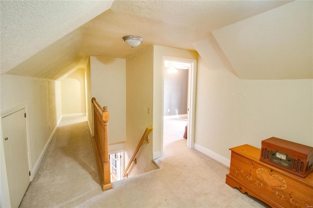 additional living space featuring lofted ceiling, light colored carpet, and a textured ceiling