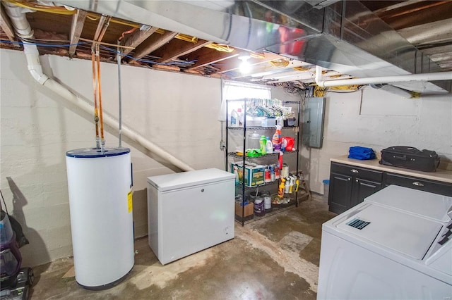 basement with water heater, fridge, independent washer and dryer, and electric panel