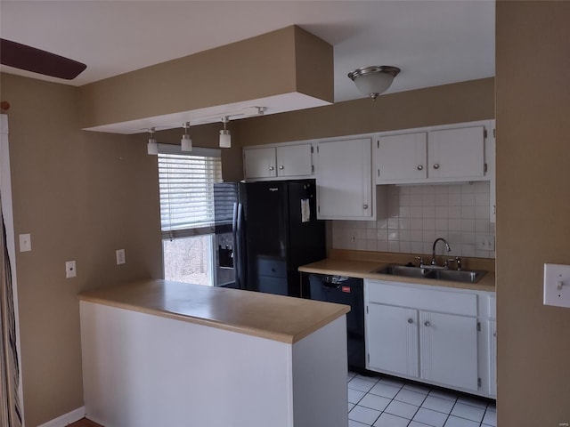 kitchen with sink, white cabinets, and black appliances