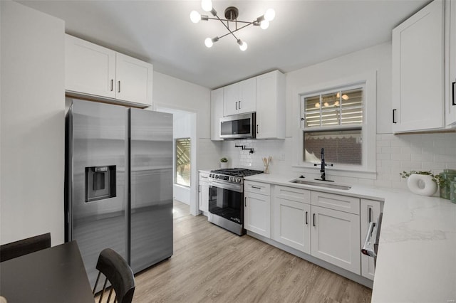 kitchen featuring tasteful backsplash, white cabinets, stainless steel appliances, light wood-type flooring, and a sink