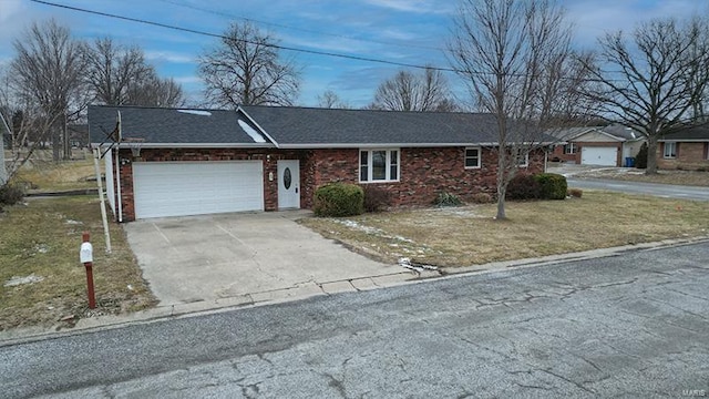 ranch-style home featuring driveway, a garage, and brick siding