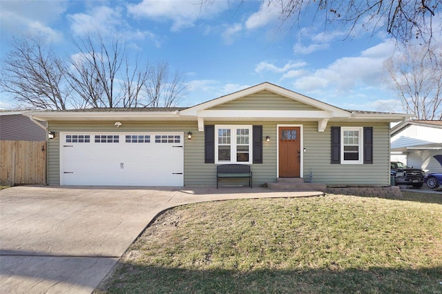 single story home with a garage, driveway, a front lawn, and fence