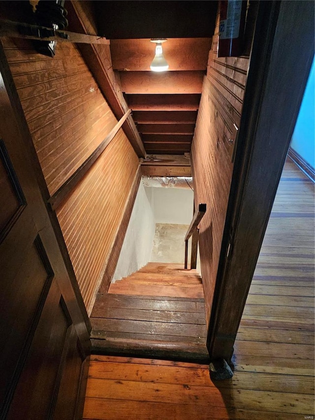 staircase with wooden walls