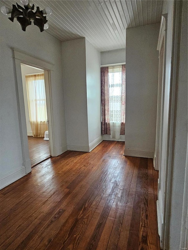 empty room featuring hardwood / wood-style flooring and wooden ceiling