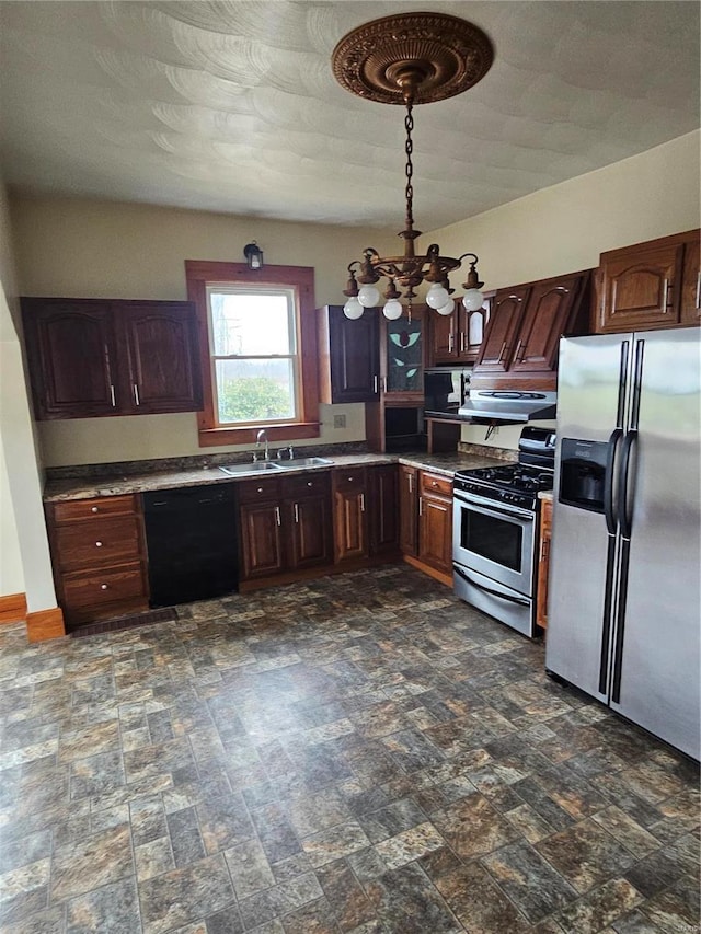 kitchen with ventilation hood, appliances with stainless steel finishes, sink, and dark brown cabinetry
