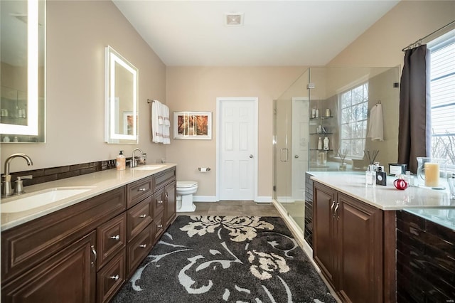 bathroom featuring double vanity, a sink, visible vents, and a shower stall