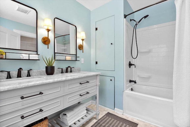 bathroom featuring a sink, shower / bathtub combination with curtain, double vanity, and visible vents