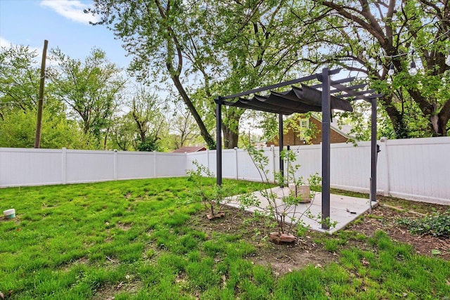 view of yard with a fenced backyard, a patio area, and a pergola