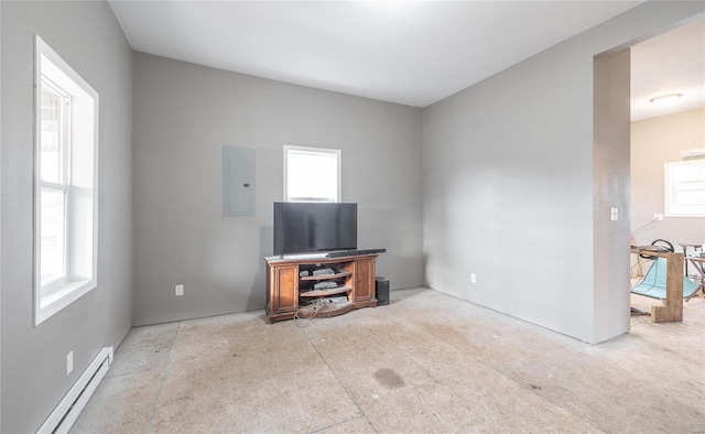 living room featuring a baseboard radiator, electric panel, and a healthy amount of sunlight