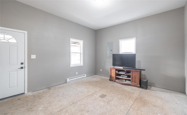 unfurnished living room with a baseboard radiator and electric panel