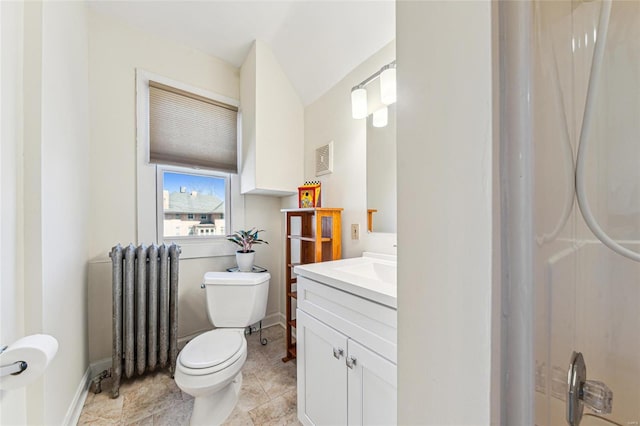 full bathroom featuring a shower, radiator, toilet, vanity, and baseboards