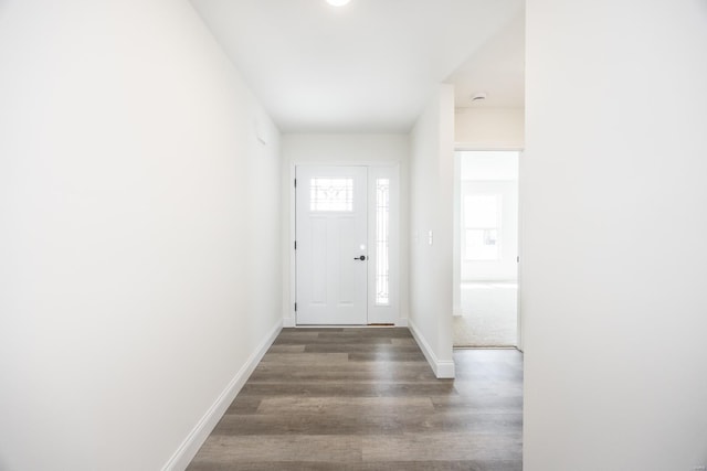 entryway with baseboards and wood finished floors