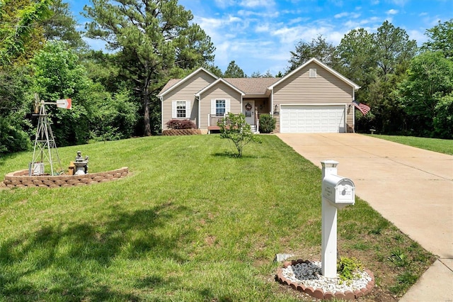 ranch-style house with a garage and a front lawn