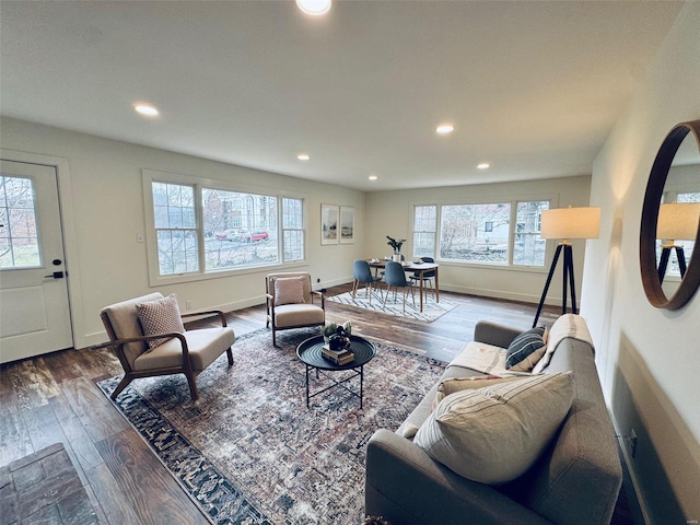 living room featuring baseboards, wood finished floors, and recessed lighting