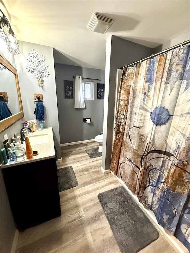 bathroom with vanity, hardwood / wood-style flooring, and toilet