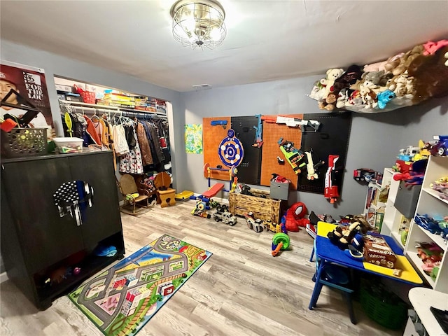 recreation room with wood-type flooring