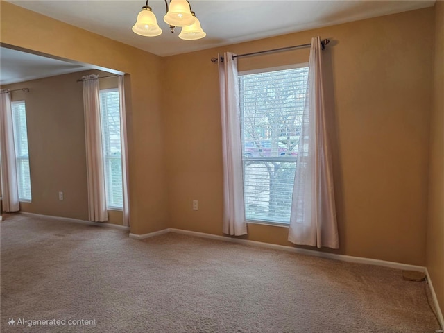 unfurnished room featuring carpet flooring and a notable chandelier