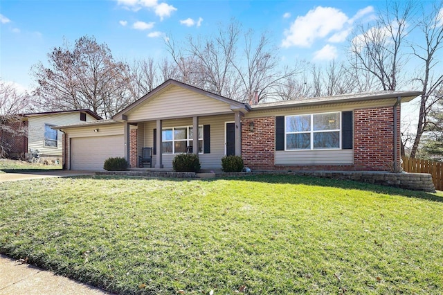 single story home featuring a garage, brick siding, concrete driveway, and a front lawn