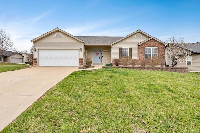 ranch-style house with brick siding, concrete driveway, roof with shingles, a front yard, and a garage