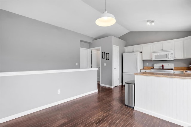 kitchen with white appliances, baseboards, dark wood finished floors, lofted ceiling, and white cabinetry