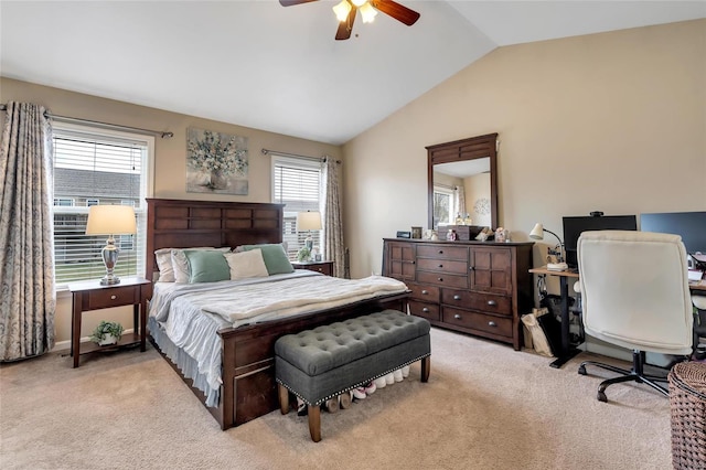 bedroom featuring light carpet, multiple windows, ceiling fan, and vaulted ceiling