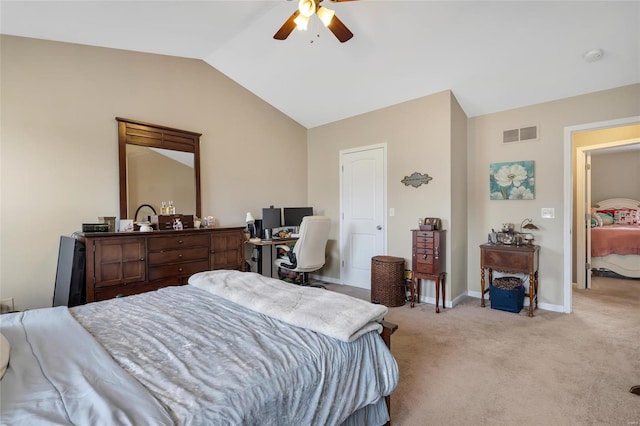 bedroom featuring a ceiling fan, baseboards, visible vents, lofted ceiling, and light carpet