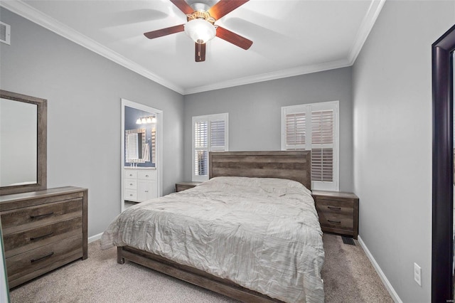 bedroom featuring visible vents, baseboards, crown molding, and light colored carpet